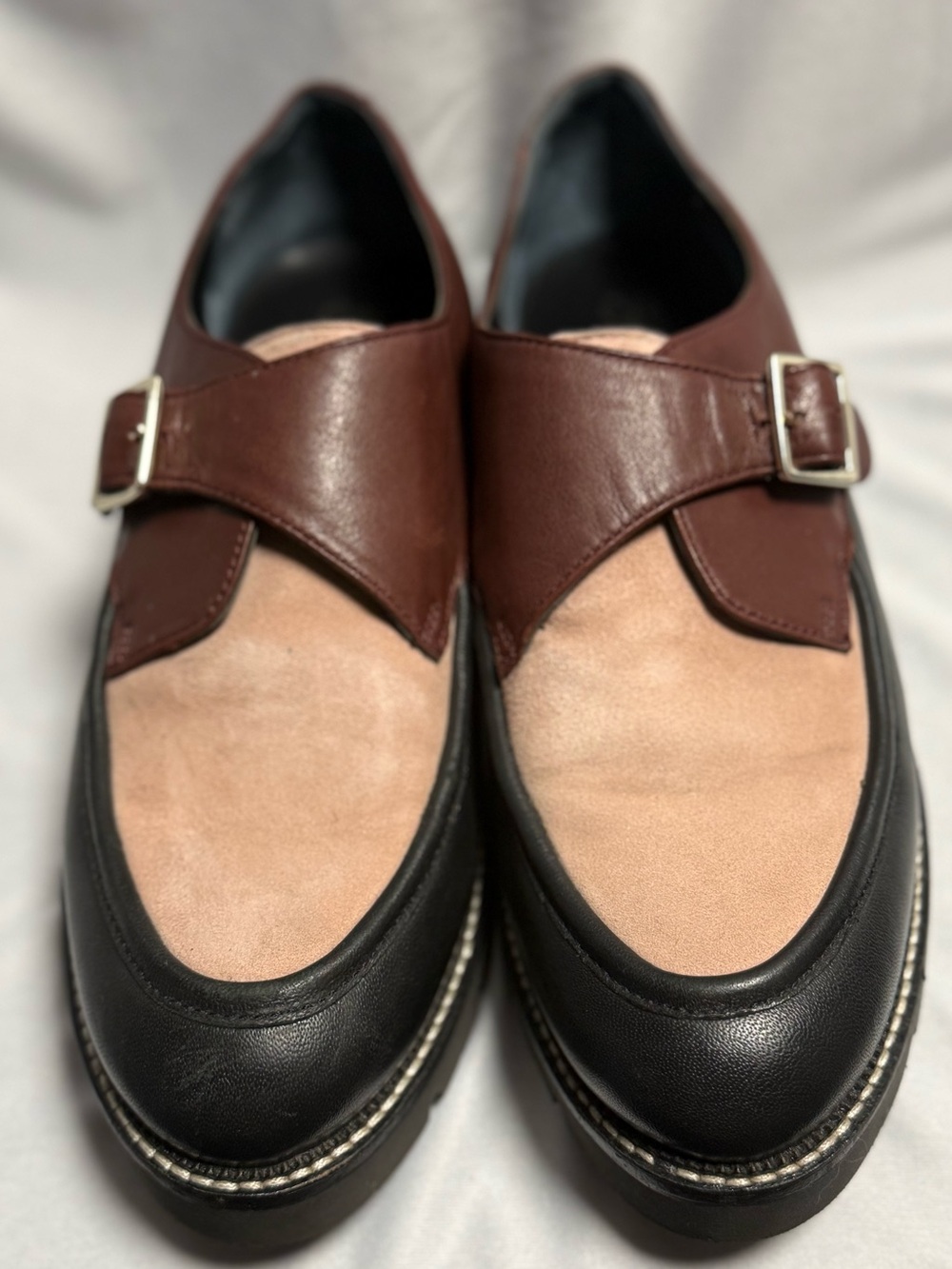 Seychelles Three-Tone Leather & Suede Monk Strap Shoes — Brown, Tan, Black